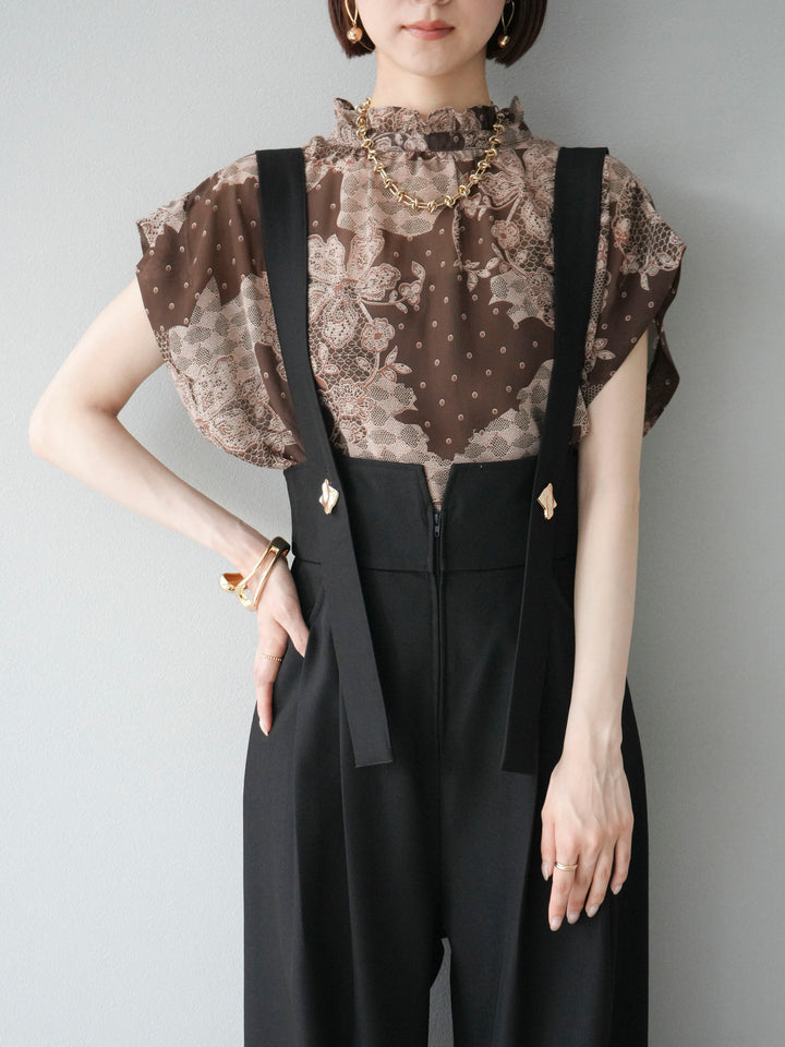 [予約]フラワーパターンフレンチスリーブブラウス/ブラウン