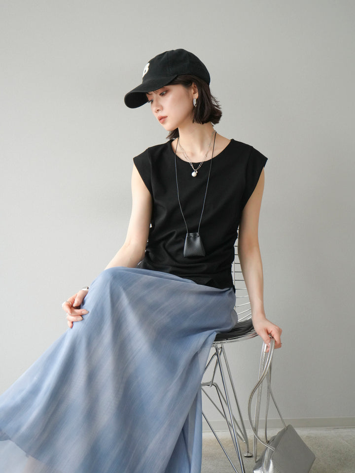 [予約]サイドギャザーTシャツ＆巾着レザーネックレスSET /ブラック