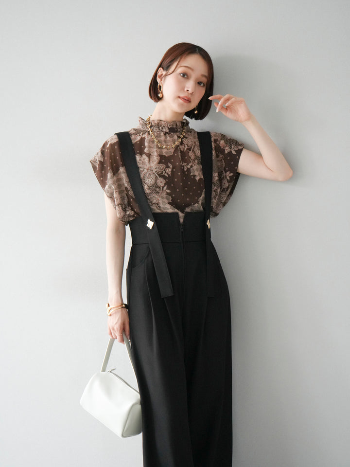 [予約]フラワーパターンフレンチスリーブブラウス/ブラウン