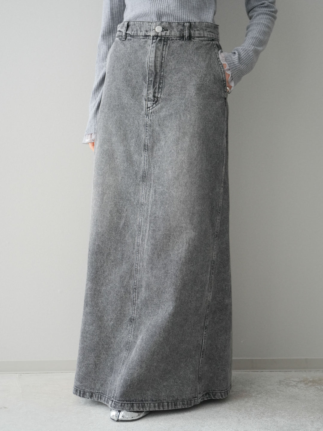 [予約]デニムフレアロングスカート/black
