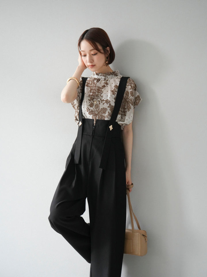 [予約]フラワーパターンフレンチスリーブブラウス/ベージュ