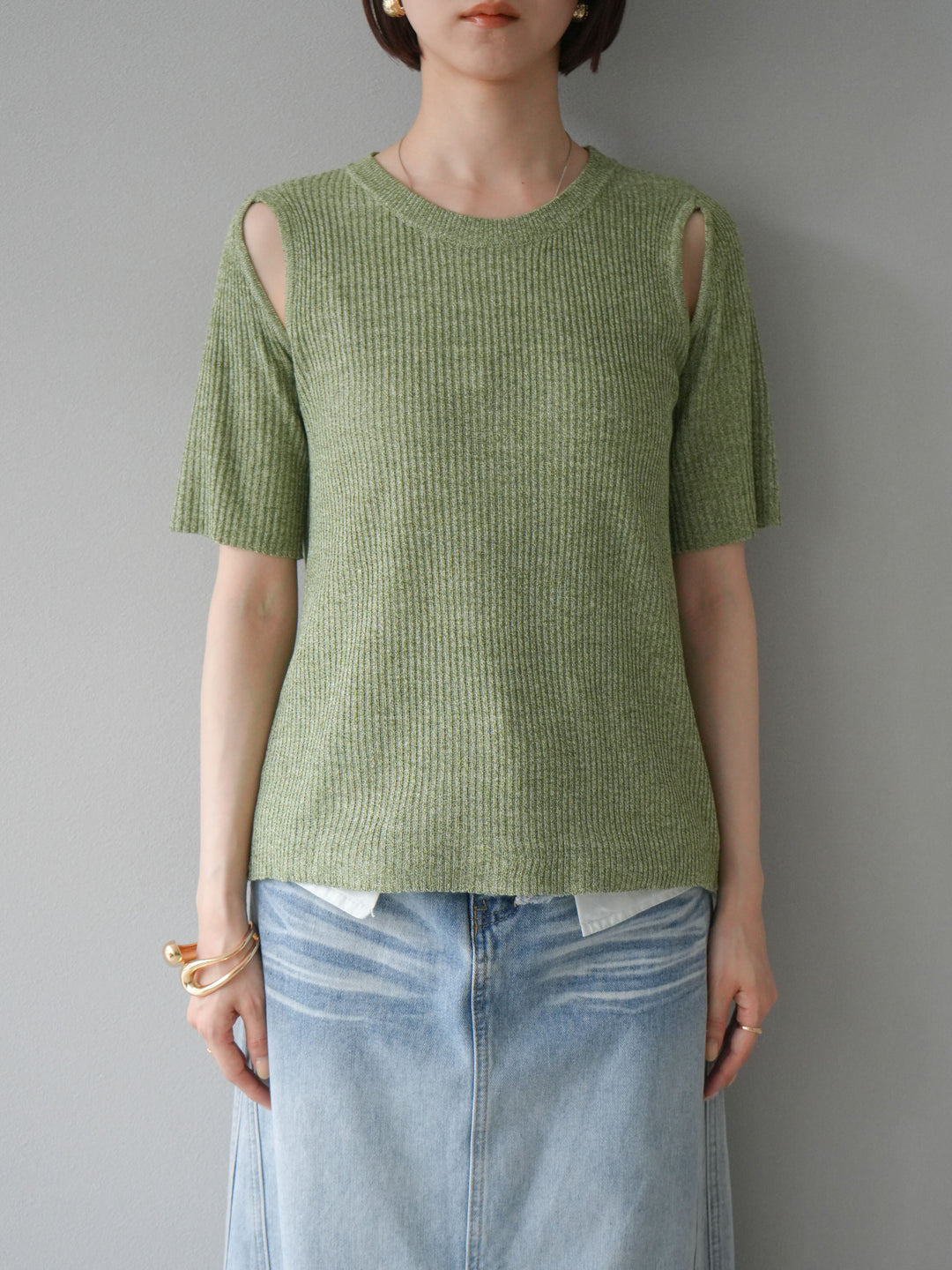 [予約]MIXニットショルダースリットプルオーバー/グリーン
