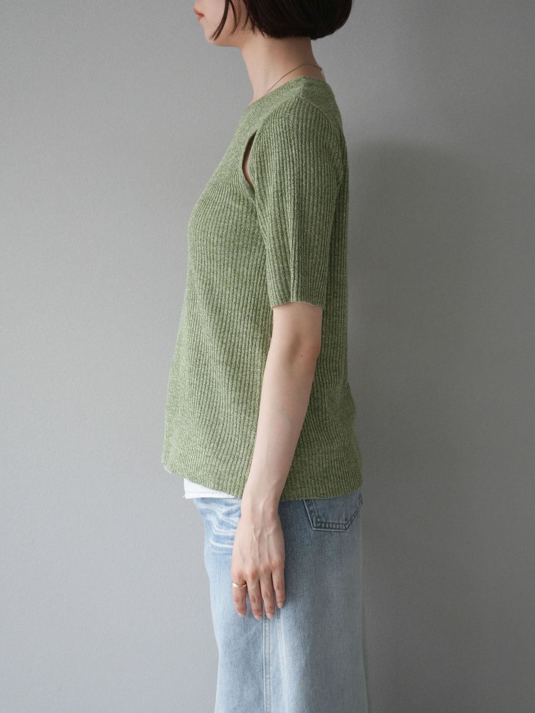 [予約]MIXニットショルダースリットプルオーバー/グリーン