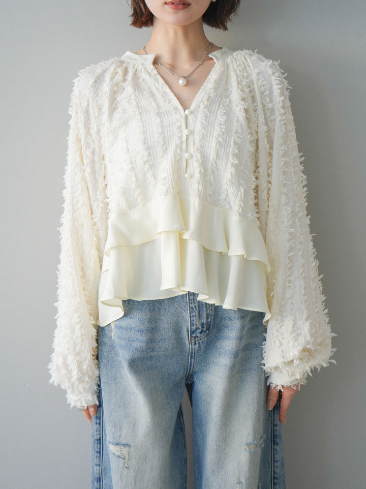 [予約]ジャガードぺプラムフリルブラウス/ivory