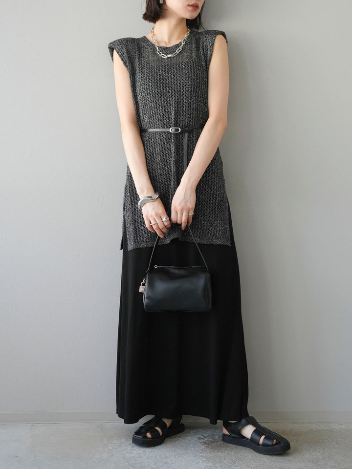 【預購】繫腰帶網眼針織連身裙/黑色