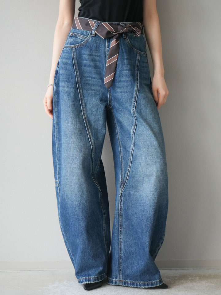 [予約]スカーフベルト付カーブデニムパンツ/ブルー