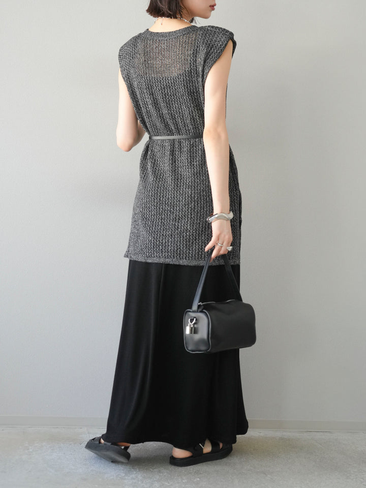 【預購】繫腰帶網眼針織連身裙/黑色