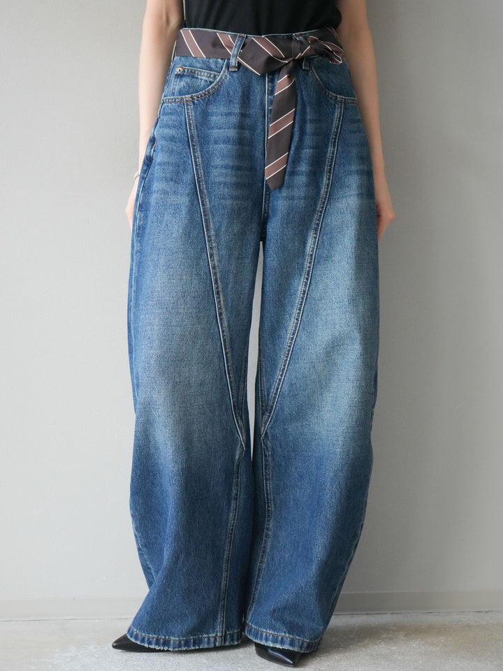 [予約]スカーフベルト付カーブデニムパンツ/ブルー