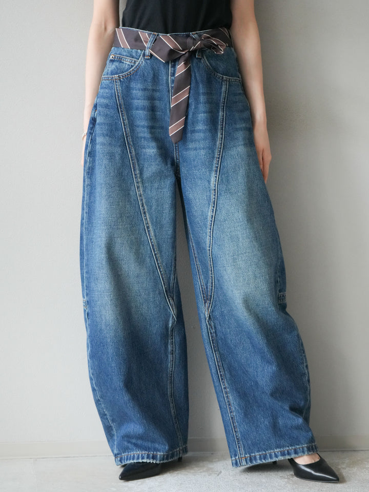 [予約]スカーフベルト付カーブデニムパンツ/ブルー