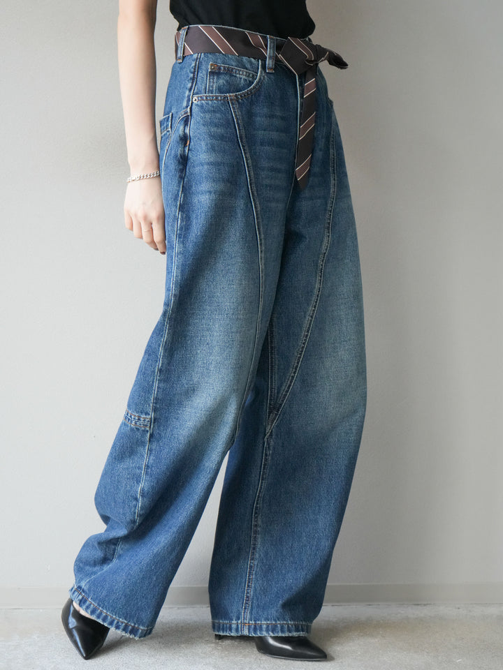 [予約]スカーフベルト付カーブデニムパンツ/ブルー