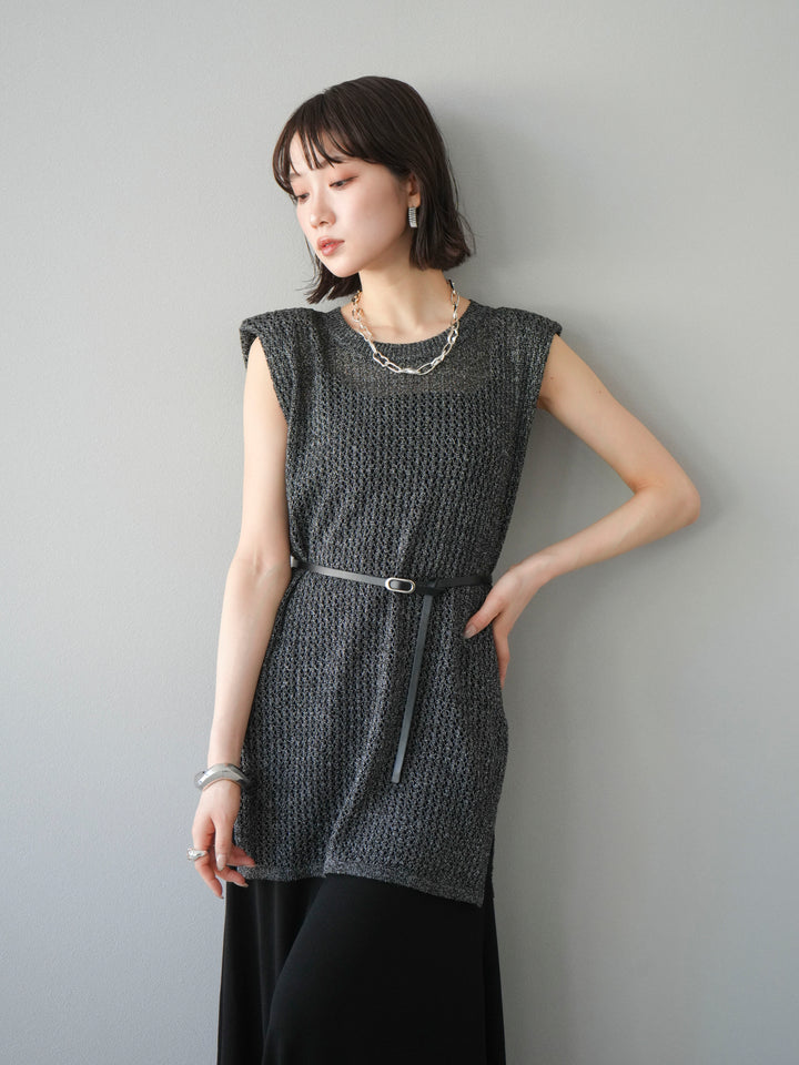 【預購】繫腰帶網眼針織連身裙/黑色