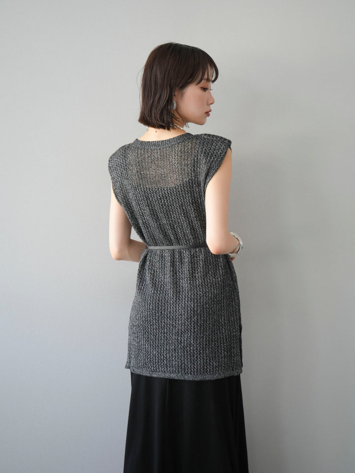 【預購】繫腰帶網眼針織連身裙/黑色