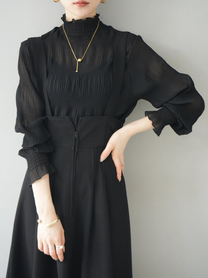 [SET] Shirring chiffon blouse + choice of necklace (2 sets)
