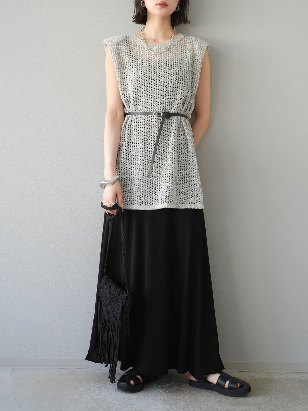 [予約]ベルト付メッシュニットアンサンブルワンピース/グレー