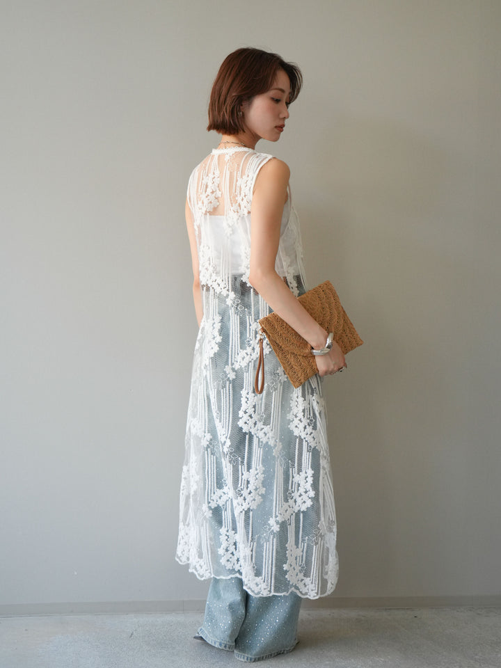 【套裝】設計師蕾絲長洋裝背心+內建胸罩的羅紋抹胸吊帶衫（兩件套）