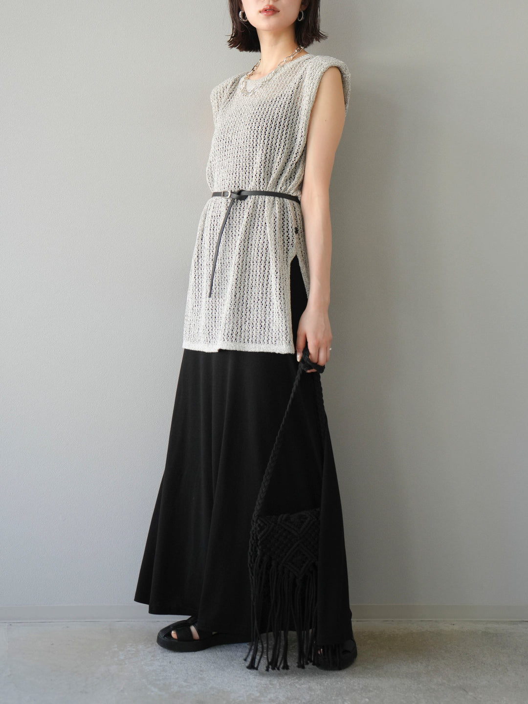 [予約]ベルト付メッシュニットアンサンブルワンピース/グレー