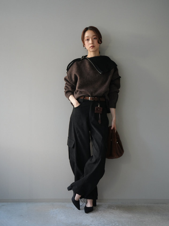 [予約]ZIPハイネックバイカラーニットプルオーバー/brown