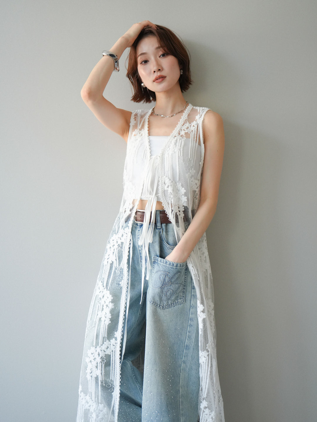 【套裝】設計師蕾絲長洋裝背心+內建胸罩的羅紋抹胸吊帶衫（兩件套）
