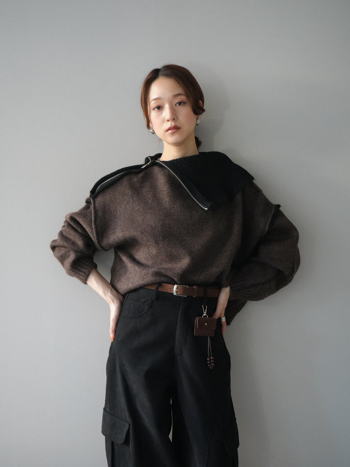 [予約]ZIPハイネックバイカラーニットプルオーバー/brown