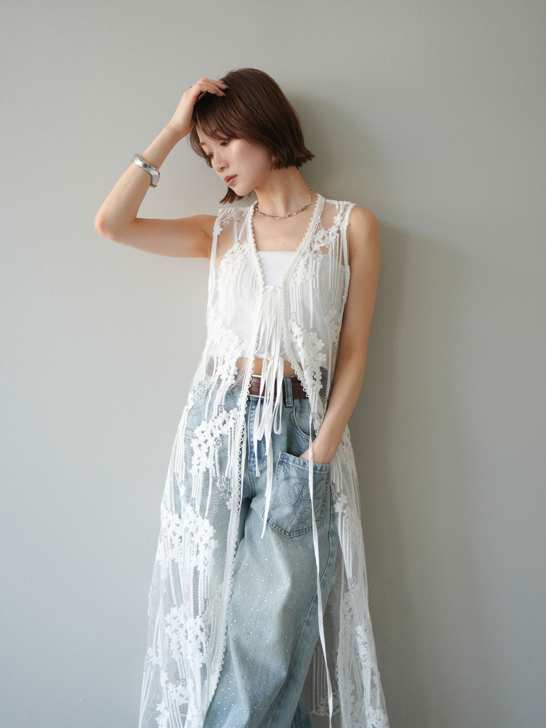 【套裝】設計師蕾絲長洋裝背心+內建胸罩的羅紋抹胸吊帶衫（兩件套）