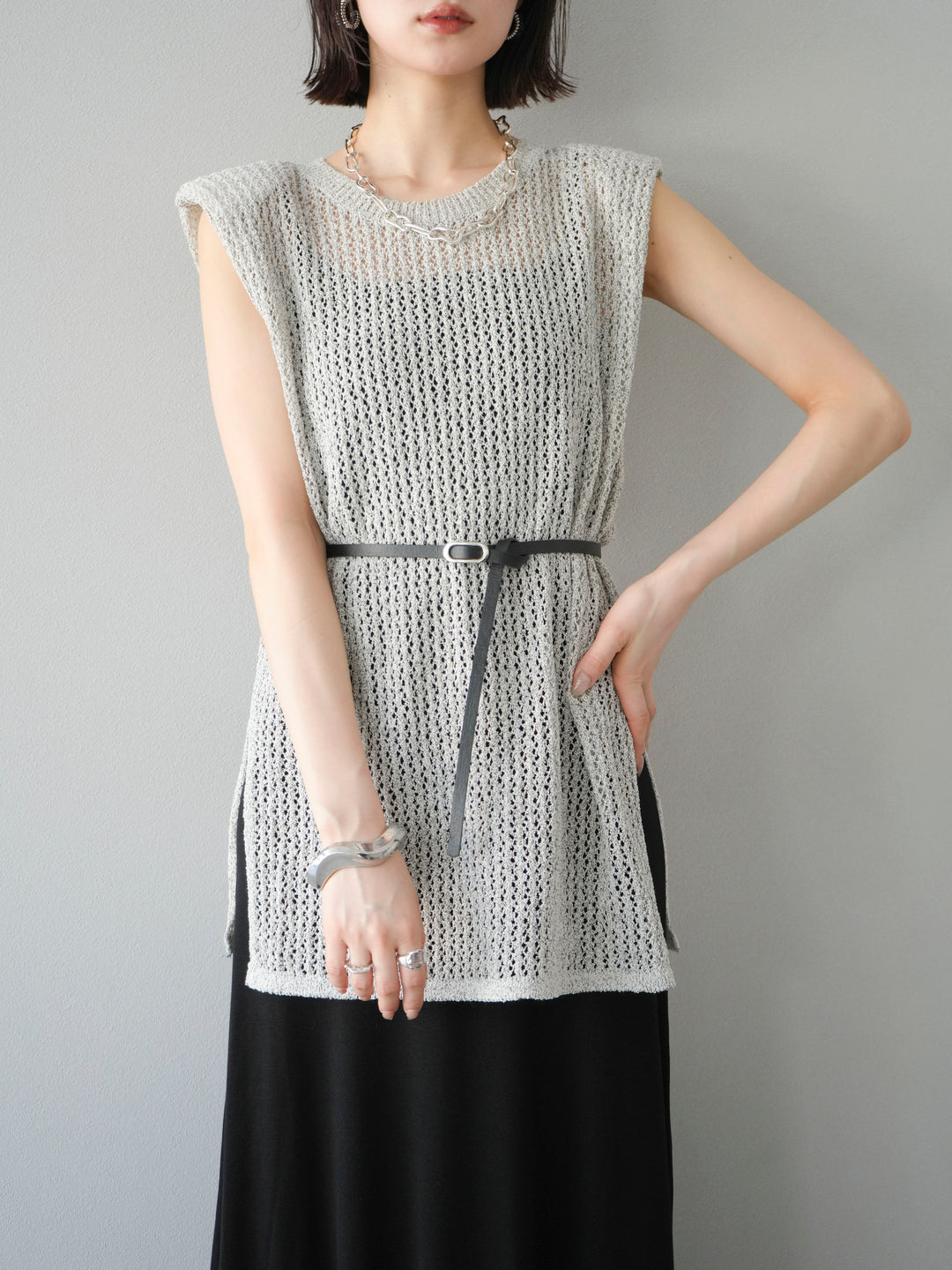 [予約]ベルト付メッシュニットアンサンブルワンピース/グレー