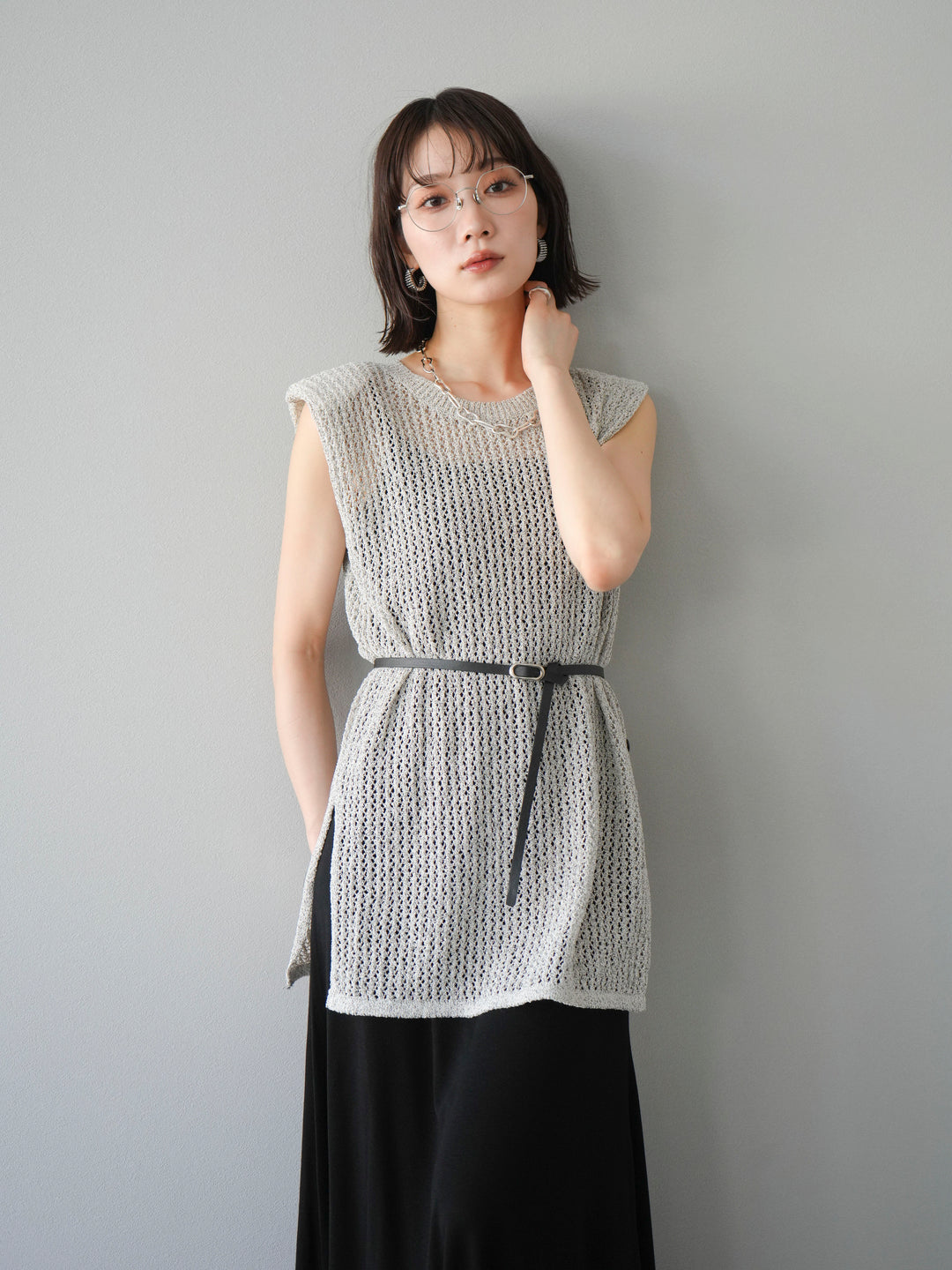 [予約]ベルト付メッシュニットアンサンブルワンピース/グレー