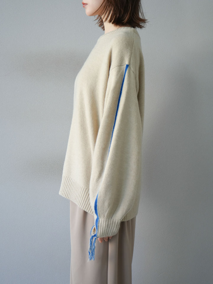 [予約]配色ステッチフリンジニットプルオーバー /アイボリー