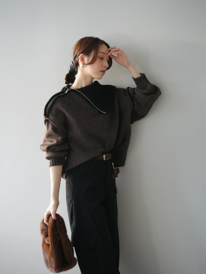 [予約]ZIPハイネックバイカラーニットプルオーバー/brown