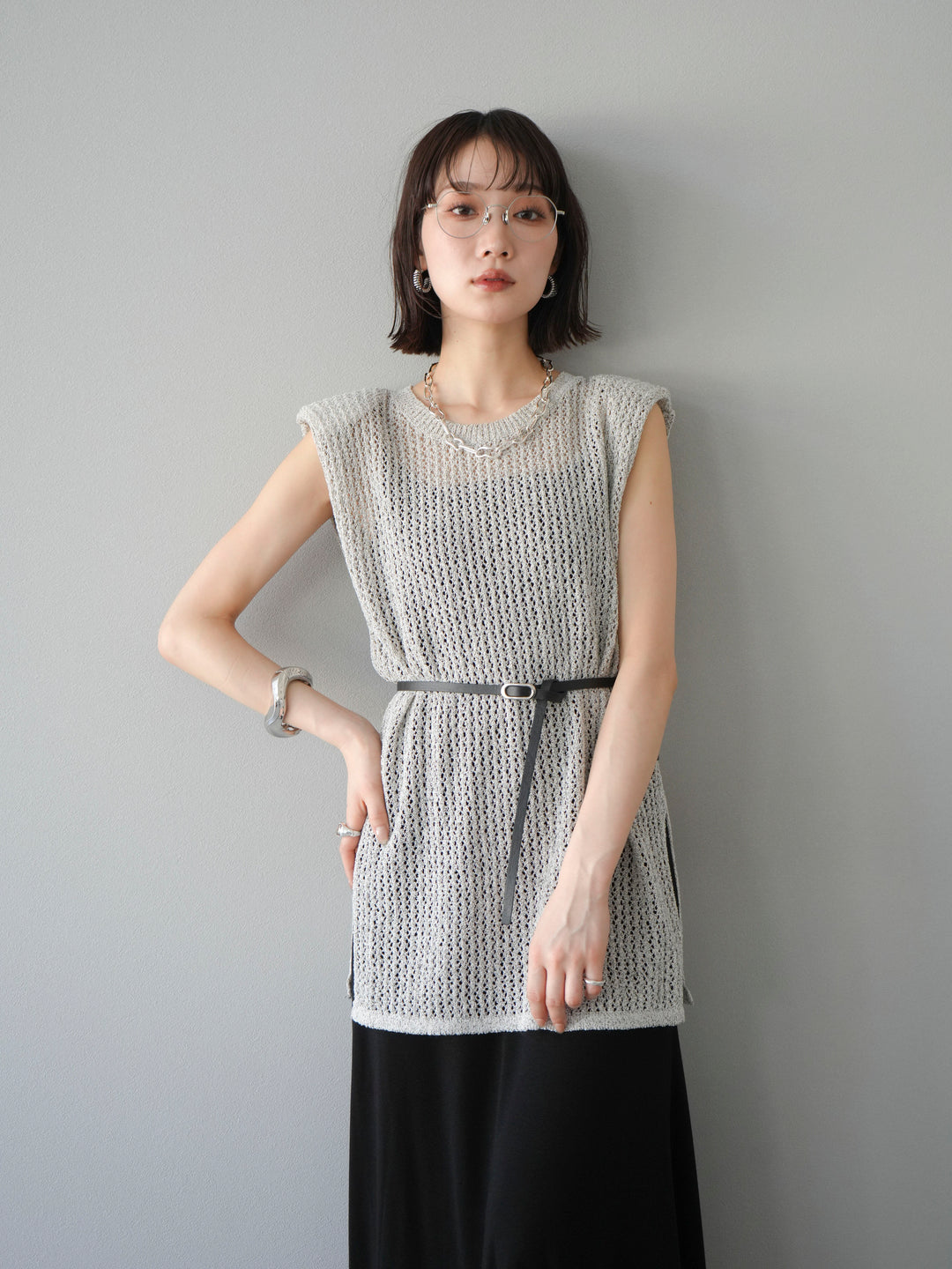 [予約]ベルト付メッシュニットアンサンブルワンピース/グレー