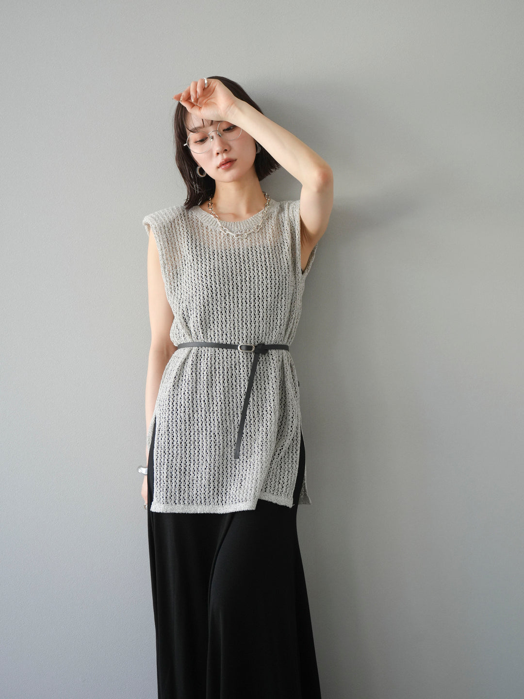 [予約]ベルト付メッシュニットアンサンブルワンピース/グレー