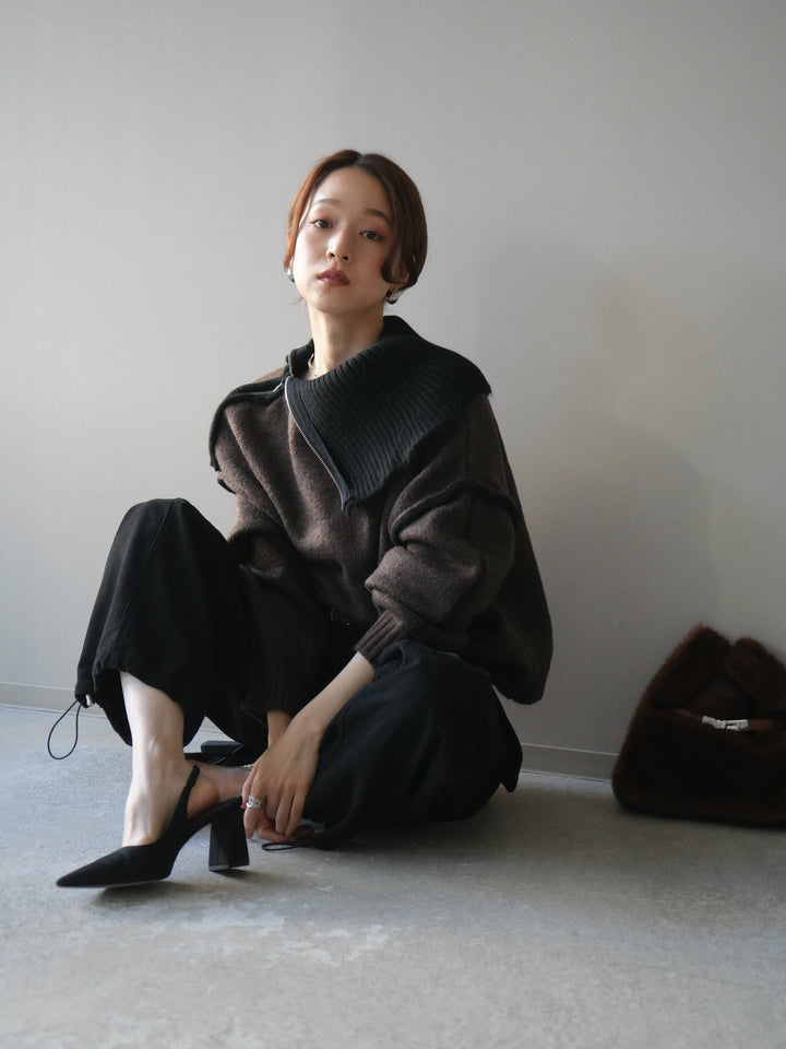 [予約]ZIPハイネックバイカラーニットプルオーバー/brown