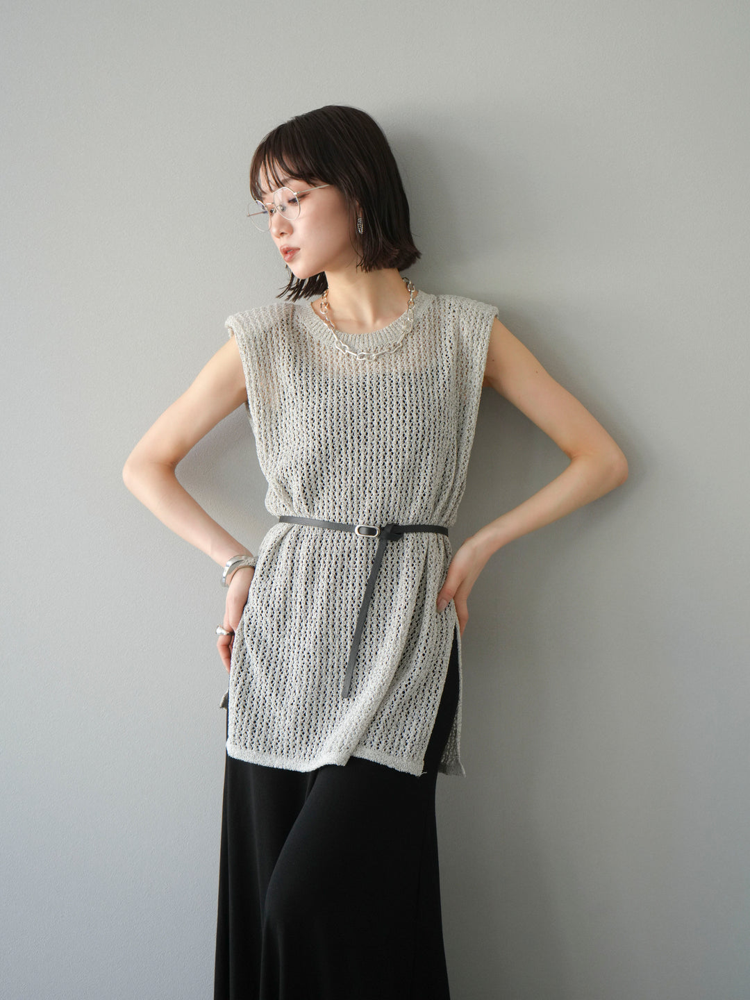 [予約]ベルト付メッシュニットアンサンブルワンピース/グレー