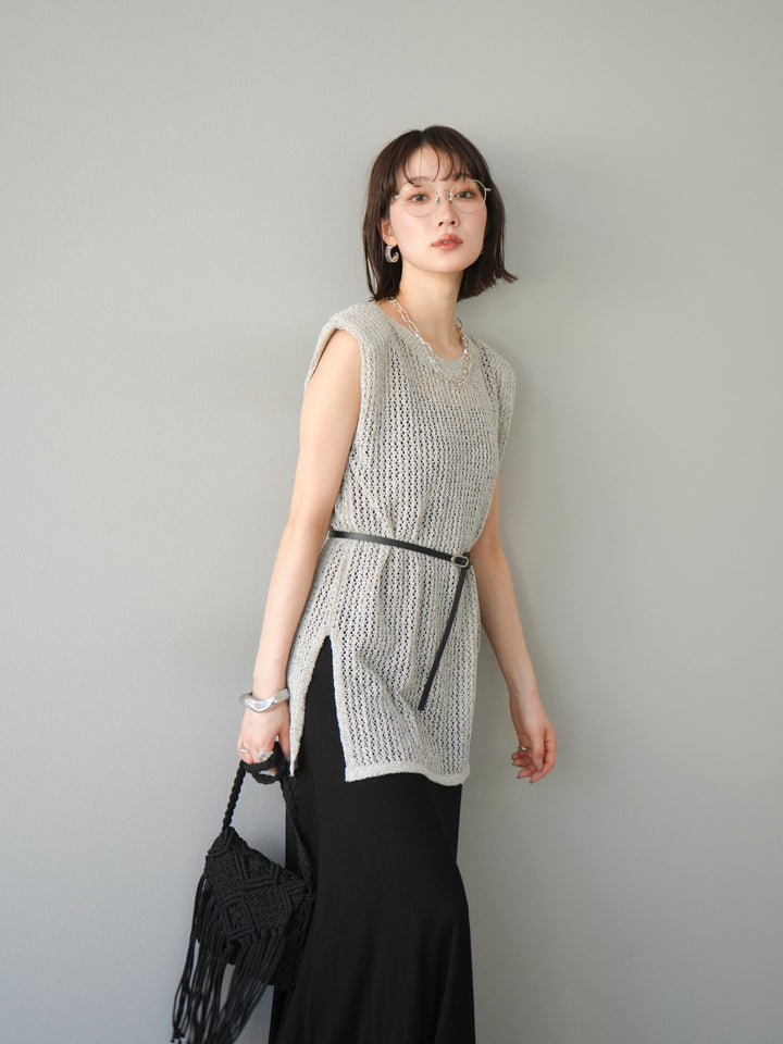 [予約]ベルト付メッシュニットアンサンブルワンピース/グレー