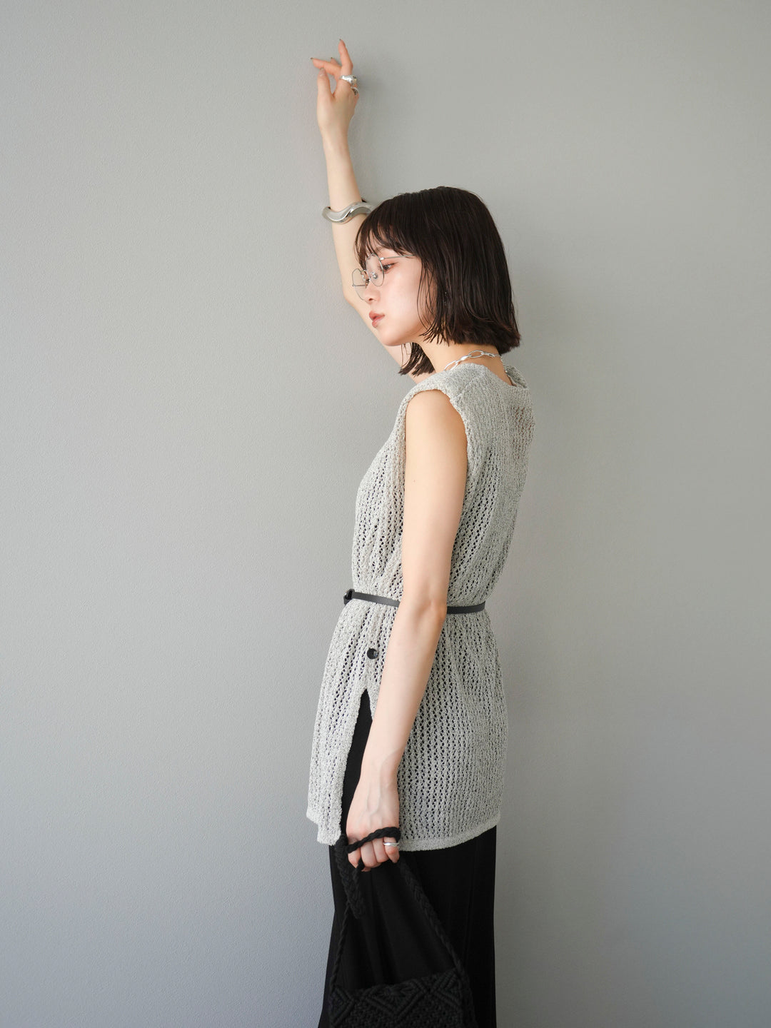 [予約]ベルト付メッシュニットアンサンブルワンピース/グレー