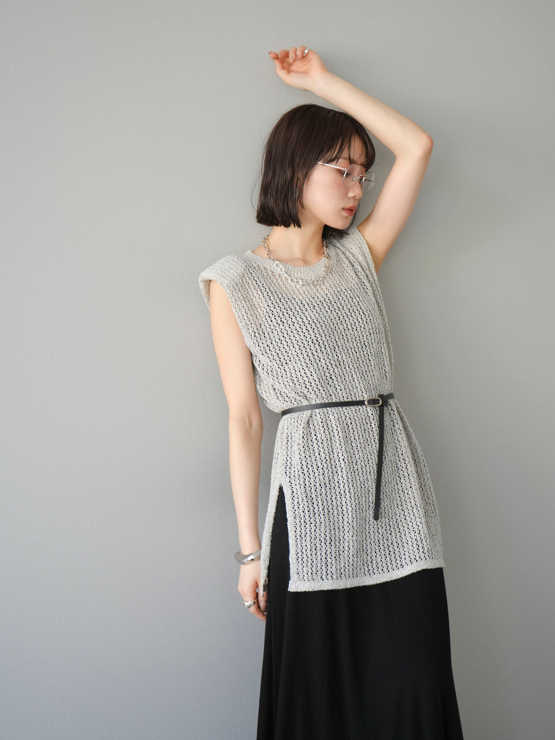 [予約]ベルト付メッシュニットアンサンブルワンピース/グレー