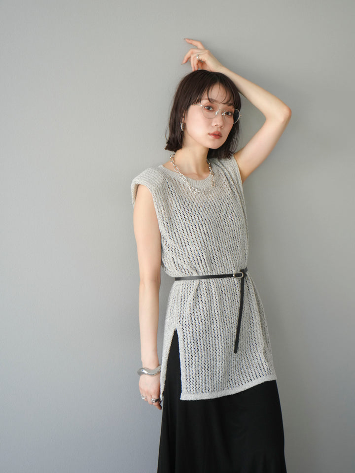 [予約]ベルト付メッシュニットアンサンブルワンピース/グレー