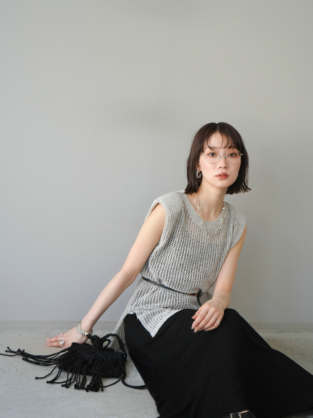 [予約]ベルト付メッシュニットアンサンブルワンピース/グレー