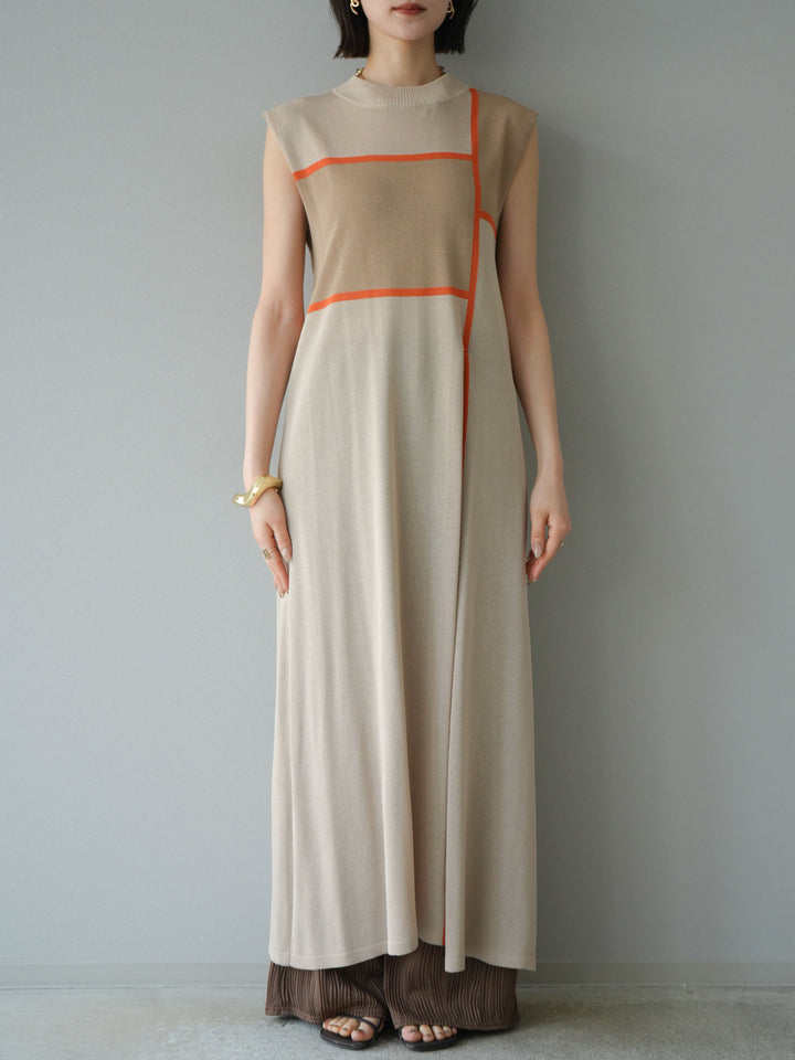 [予約]配色スリットニットワンピース/ベージュ