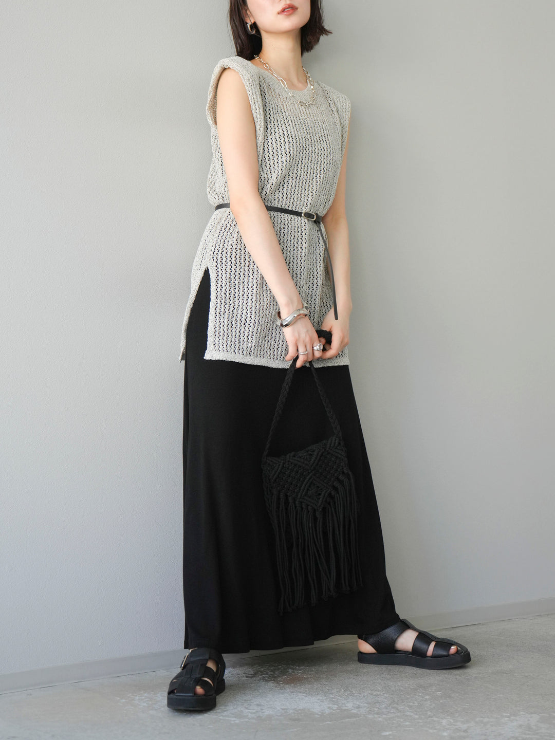 [予約]ベルト付メッシュニットアンサンブルワンピース/グレー