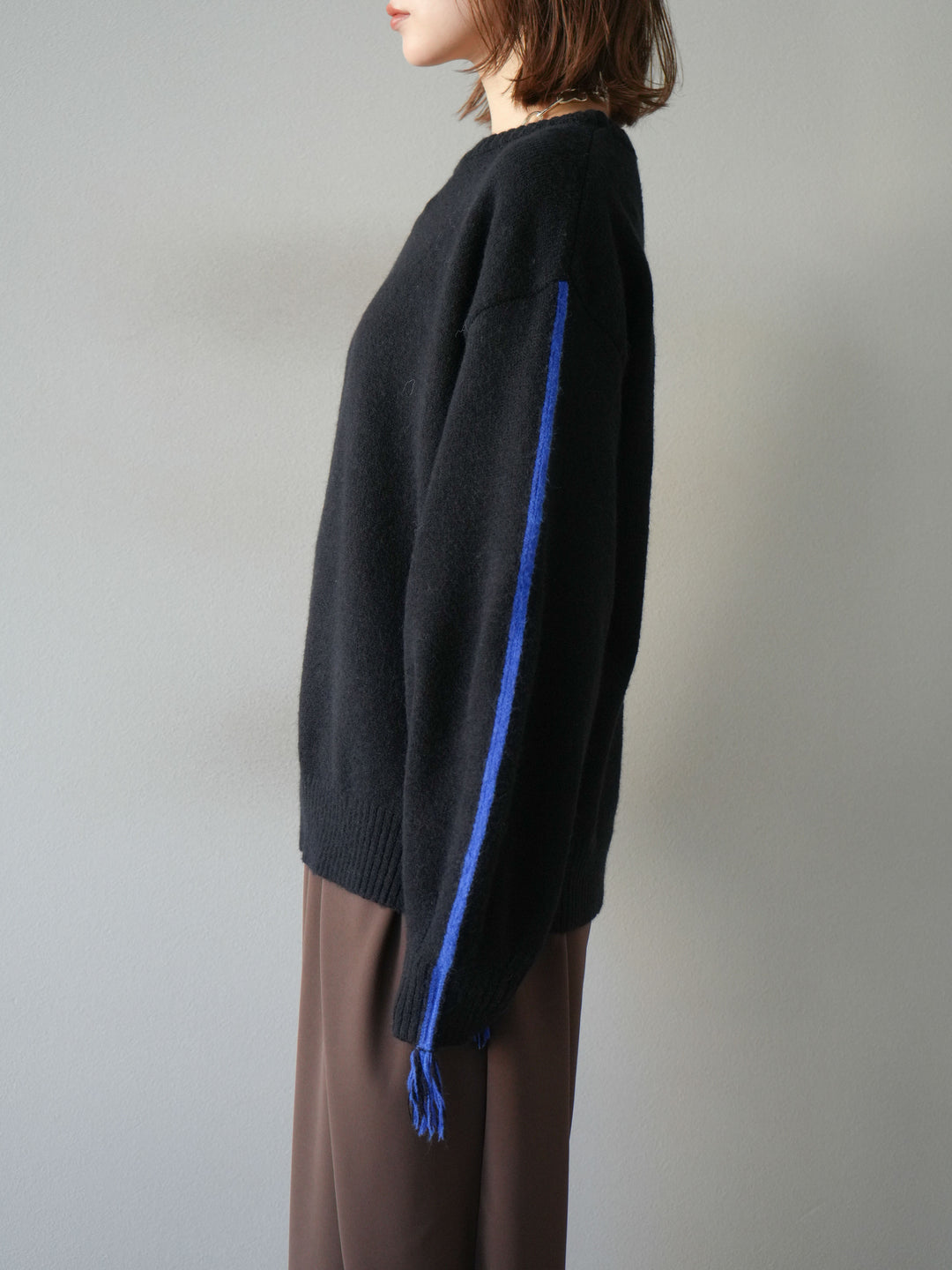 [予約]配色ステッチフリンジニットプルオーバー /ブラック