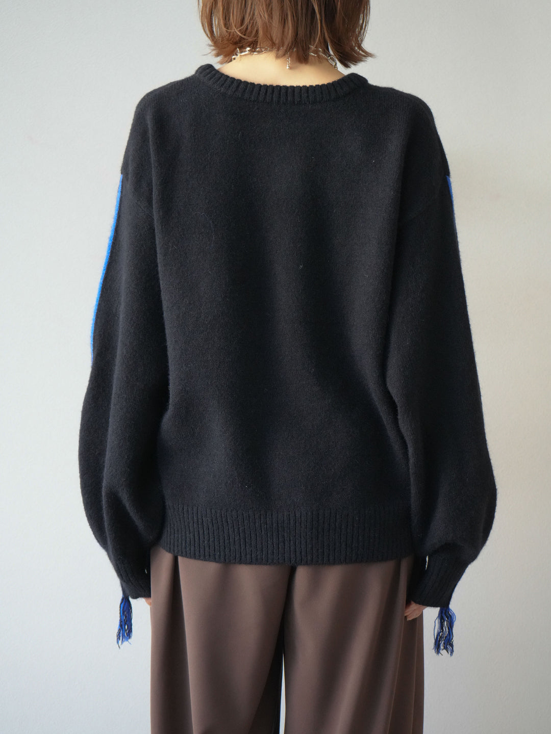 [予約]配色ステッチフリンジニットプルオーバー /ブラック