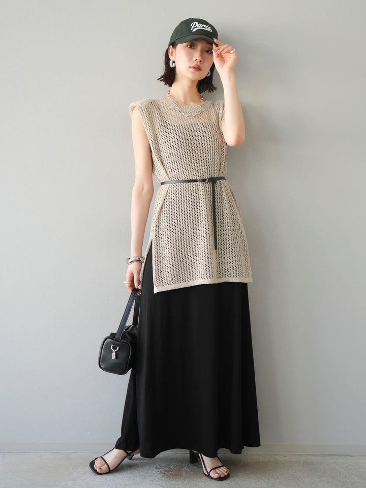【預購】繫腰帶網眼針織連身裙/米色