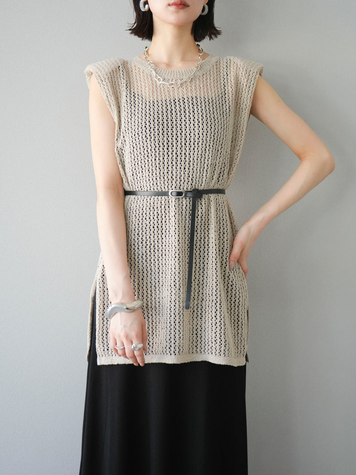 【預購】繫腰帶網眼針織連身裙/米色