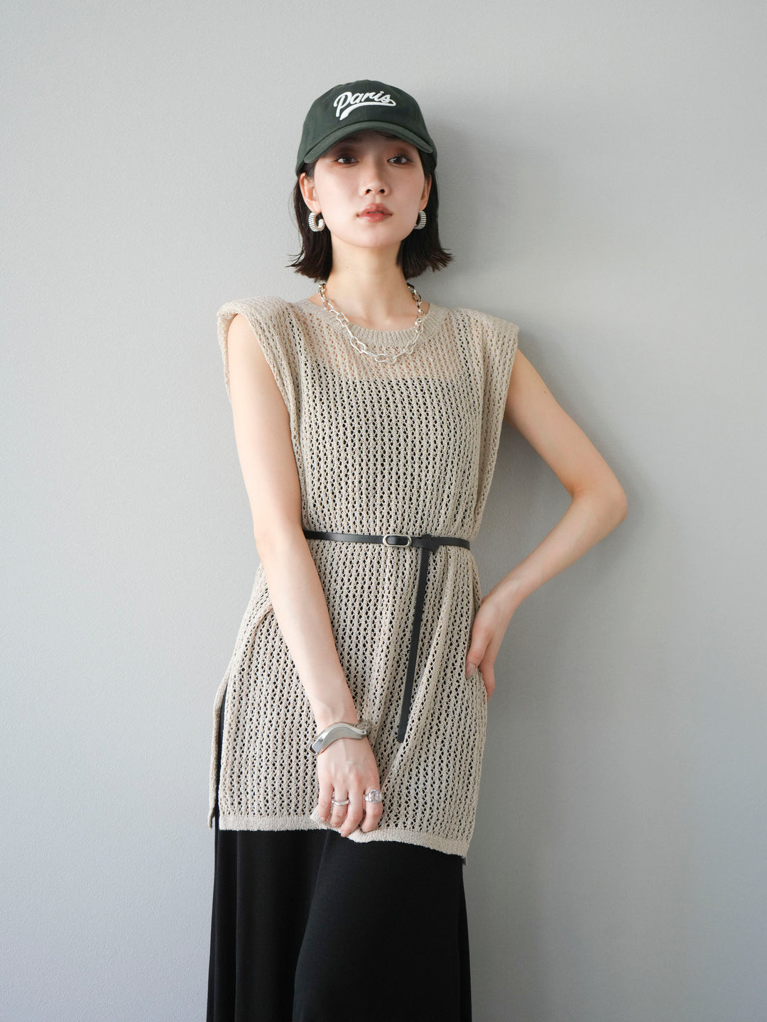 【預購】繫腰帶網眼針織連身裙/米色