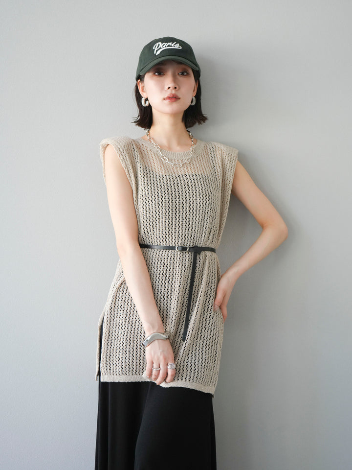 【預購】繫腰帶網眼針織連身裙/米色