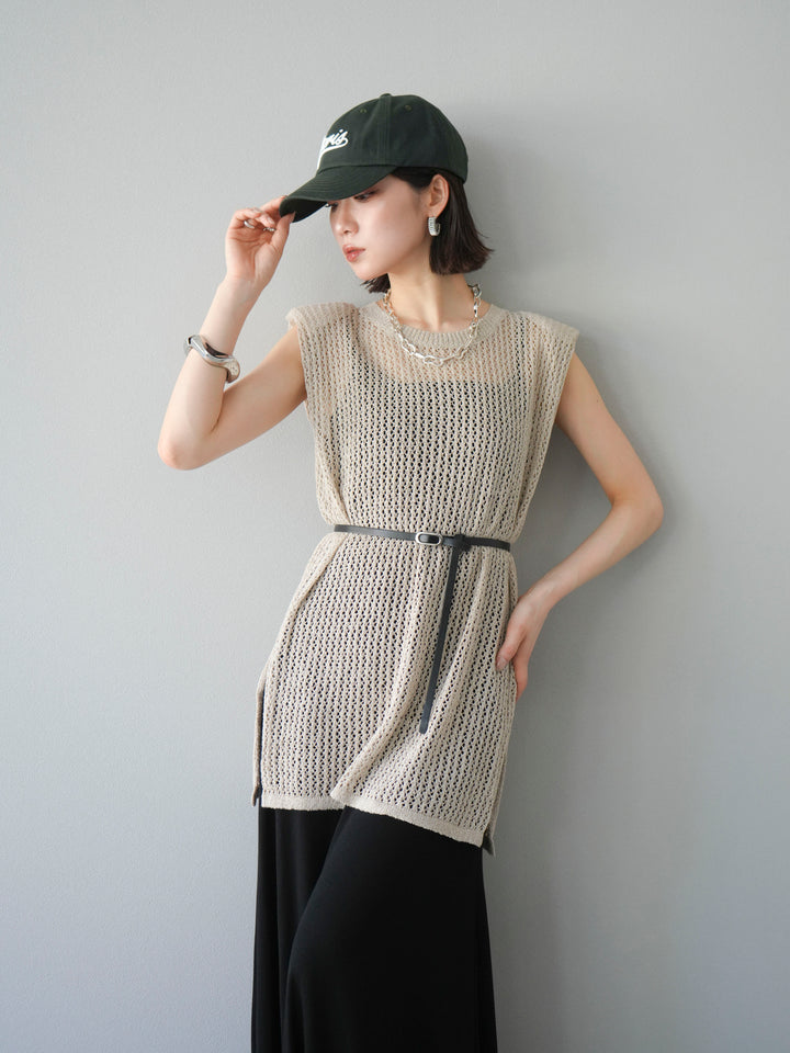 【預購】繫腰帶網眼針織連身裙/米色