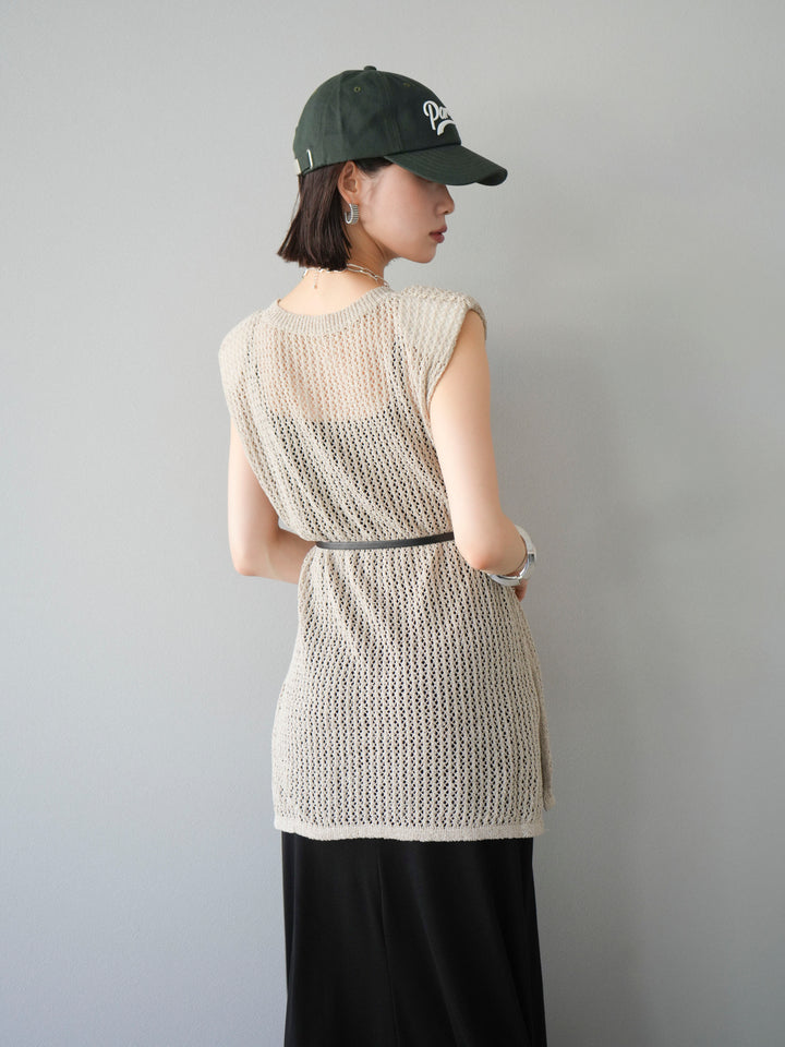 【預購】繫腰帶網眼針織連身裙/米色