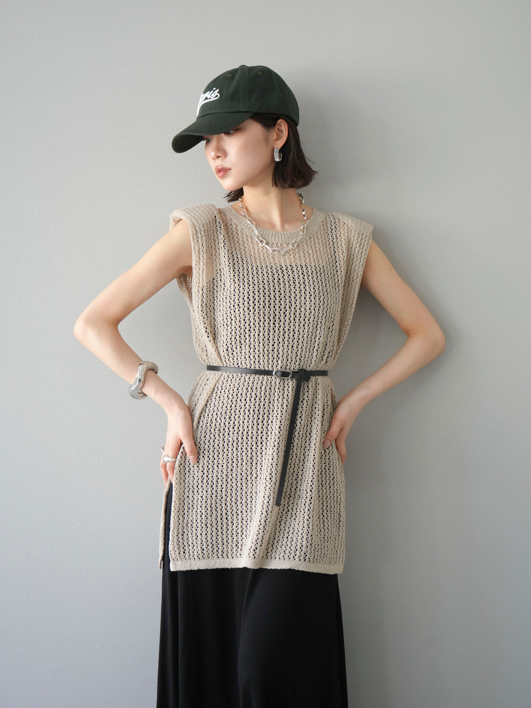 【預購】繫腰帶網眼針織連身裙/米色