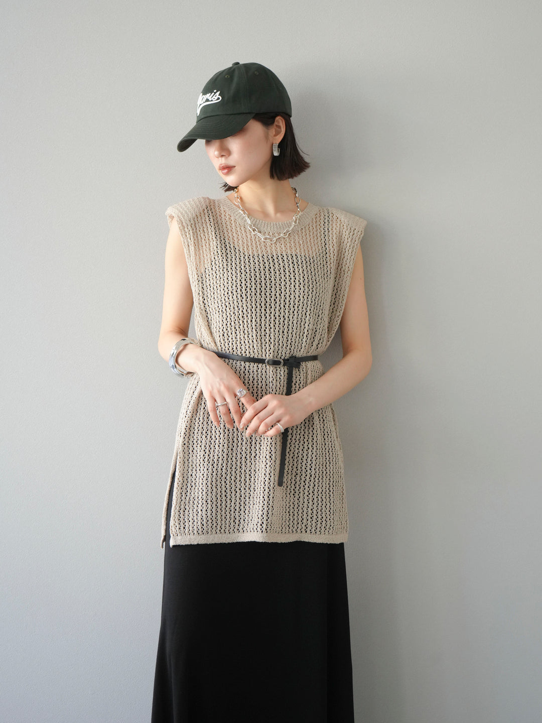 【預購】繫腰帶網眼針織連身裙/米色