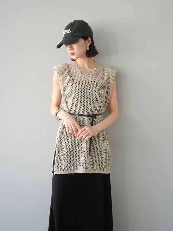 【預購】繫腰帶網眼針織連身裙/米色